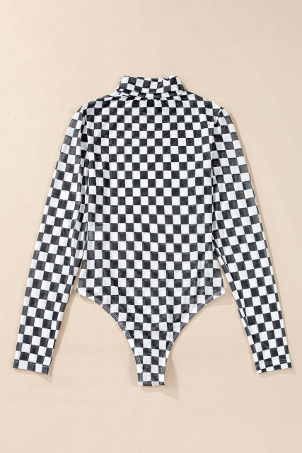 Black Checkered Printed Long Sleeve High Neck Bodysuit
