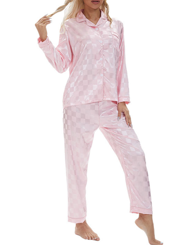 Pink Checkered Pattern Long Sleeve Loungewear Pajamas Set