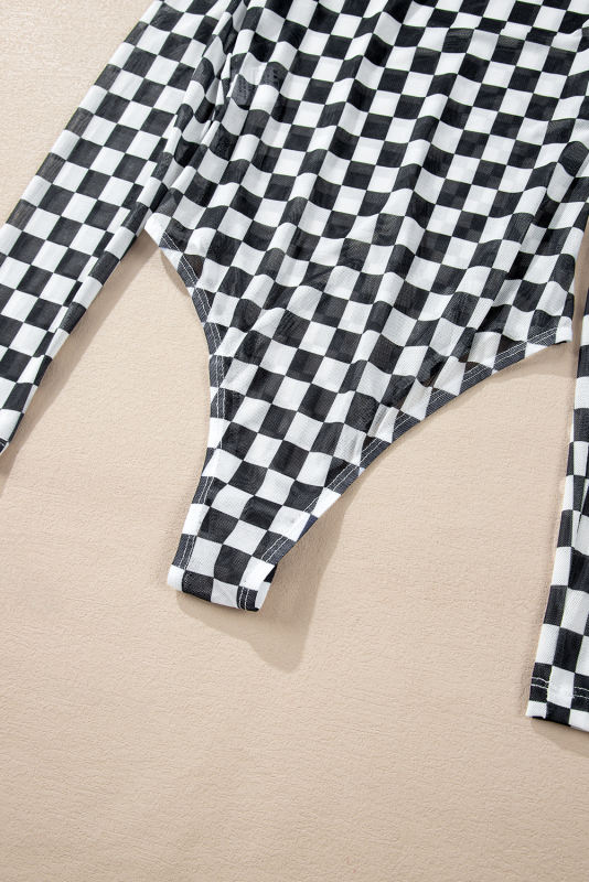 Black Checkered Printed Long Sleeve High Neck Bodysuit