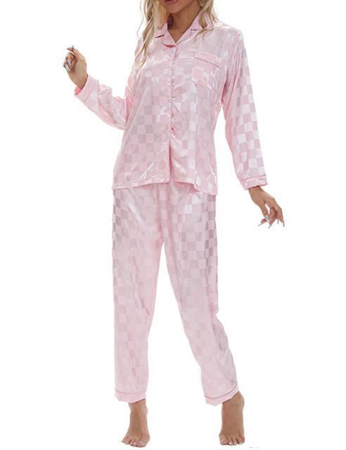 Pink Checkered Pattern Long Sleeve Loungewear Pajamas Set