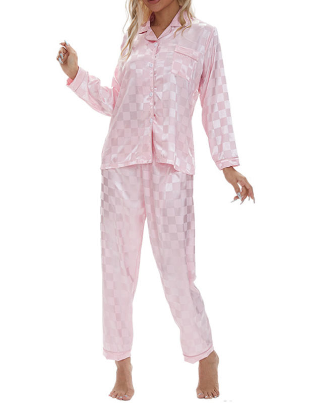 Pink Checkered Pattern Long Sleeve Loungewear Pajamas Set