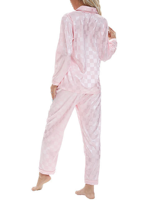 Pink Checkered Pattern Long Sleeve Loungewear Pajamas Set