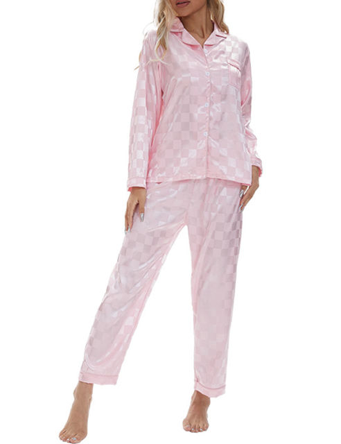Pink Checkered Pattern Long Sleeve Loungewear Pajamas Set