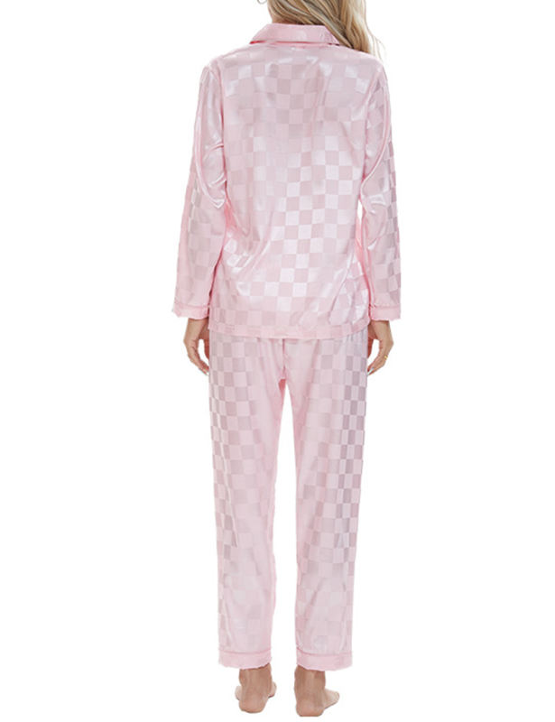 Pink Checkered Pattern Long Sleeve Loungewear Pajamas Set