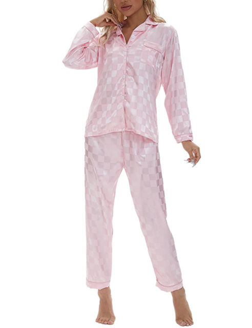 Pink Checkered Pattern Long Sleeve Loungewear Pajamas Set