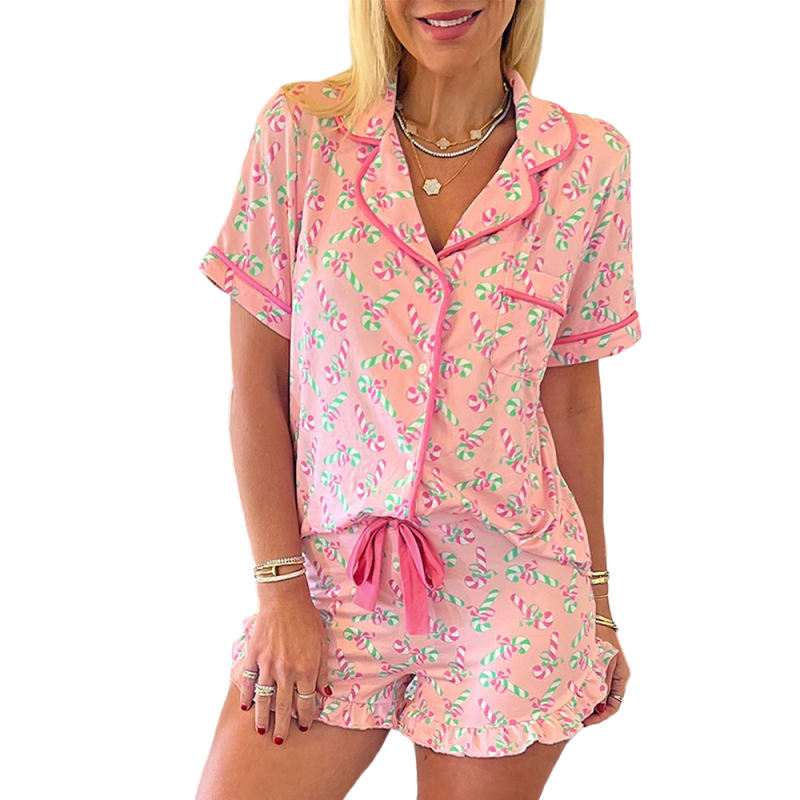 Pink Christmas Candy Cane Print Pocketed Shirt and Shorts Pajamas Set