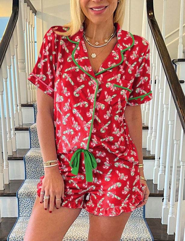 Red Christmas Candy Cane Print Pocketed Shirt and Shorts Pajamas Set