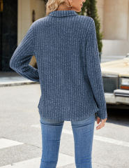 Blue Ribbed Lapel V Neck Pocketed Long Sleeve Tops