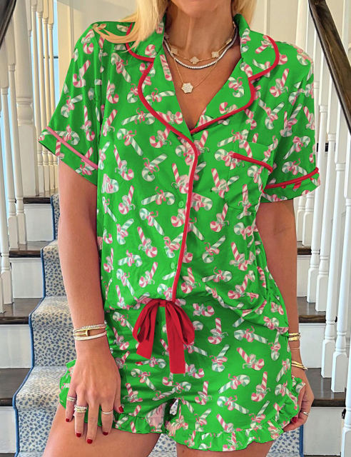 Green Christmas Candy Cane Print Pocketed Shirt and Shorts Pajamas Set