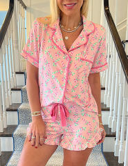 Pink Christmas Candy Cane Print Pocketed Shirt and Shorts Pajamas Set