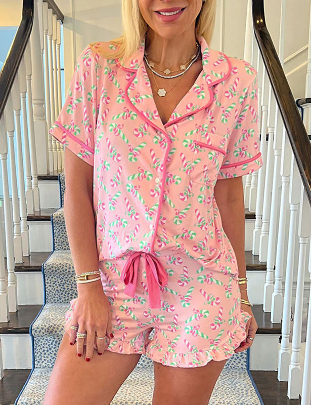 Pink Christmas Candy Cane Print Pocketed Shirt and Shorts Pajamas Set