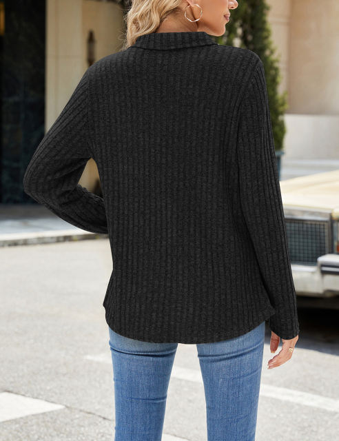 Black Ribbed Lapel V Neck Pocketed Long Sleeve Tops