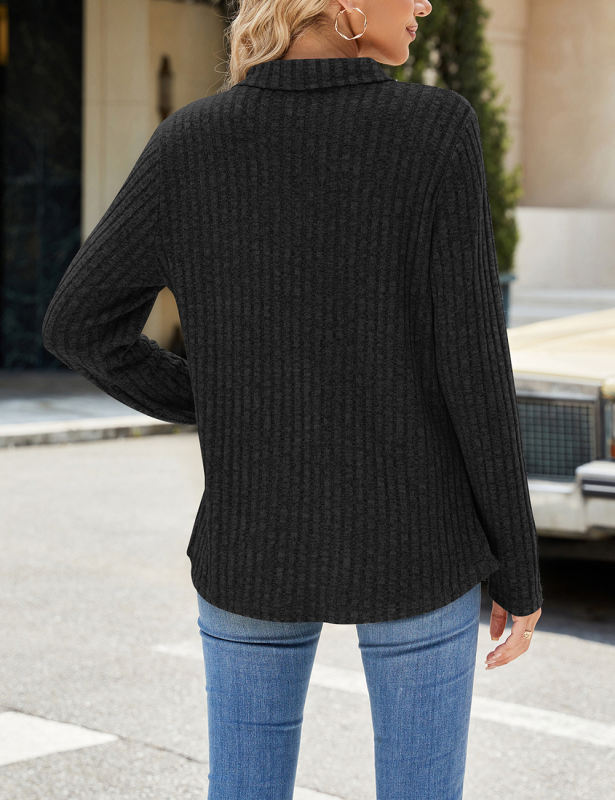 Black Ribbed Lapel V Neck Pocketed Long Sleeve Tops