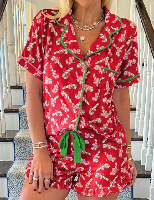 Red Christmas Candy Cane Print Pocketed Shirt and Shorts Pajamas Set