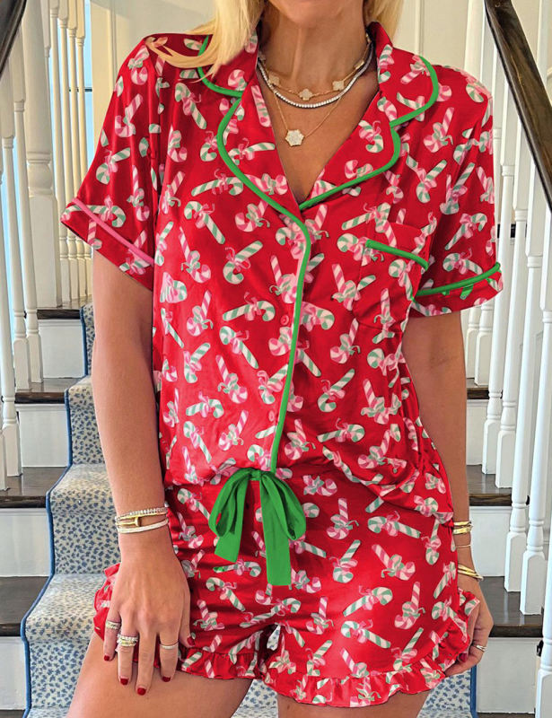 Red Christmas Candy Cane Print Pocketed Shirt and Shorts Pajamas Set