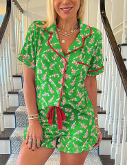 Green Christmas Candy Cane Print Pocketed Shirt and Shorts Pajamas Set