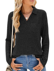 Black Ribbed Lapel V Neck Pocketed Long Sleeve Tops