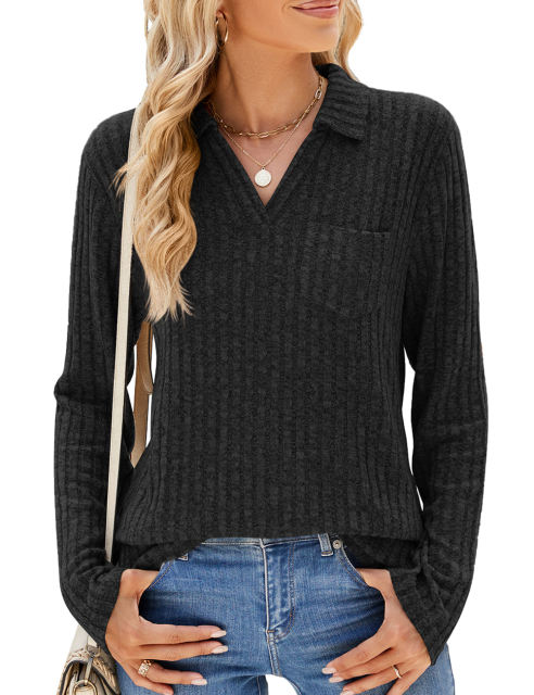 Black Ribbed Lapel V Neck Pocketed Long Sleeve Tops