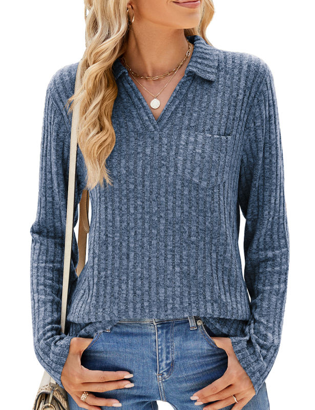 Blue Ribbed Lapel V Neck Pocketed Long Sleeve Tops