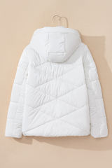 White Solid Quilted Hooded Zip Up Puffer Coat