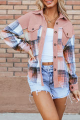 Light Pink Plaid Corduroy Patchwork Chest Pocket Shacket