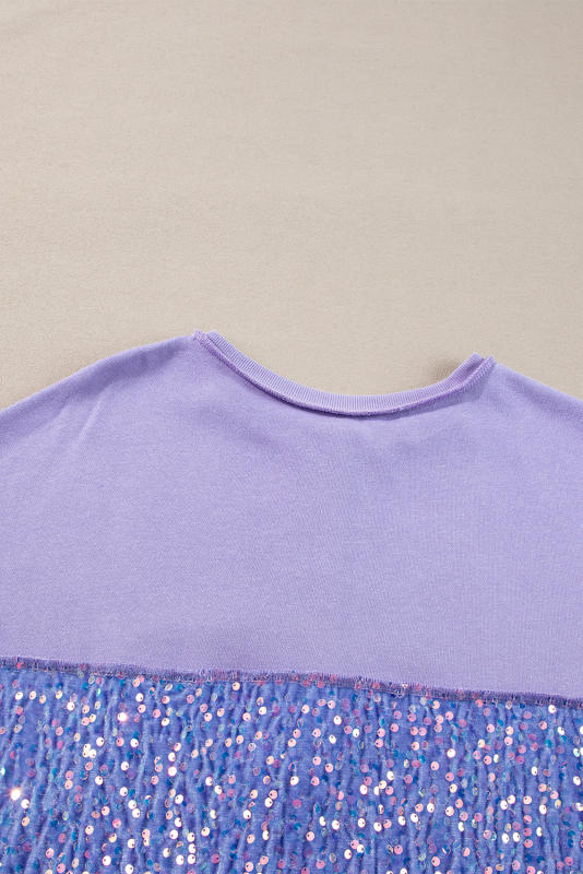 Lilac Sequin Patchwork High Low Hem Henley Sweatshirt