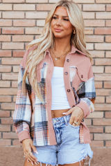 Light Pink Plaid Corduroy Patchwork Chest Pocket Shacket