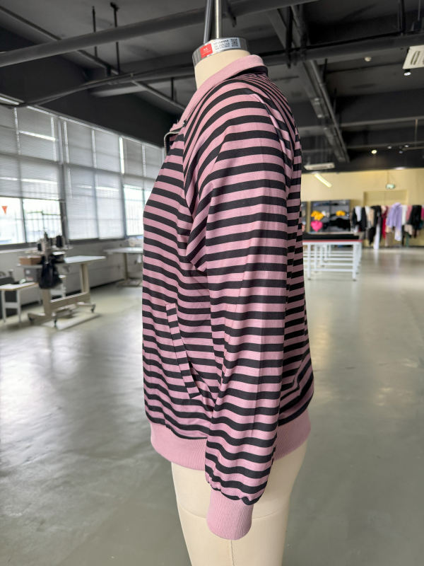 Pink Striped Lapel Collar Full-zip Jacket