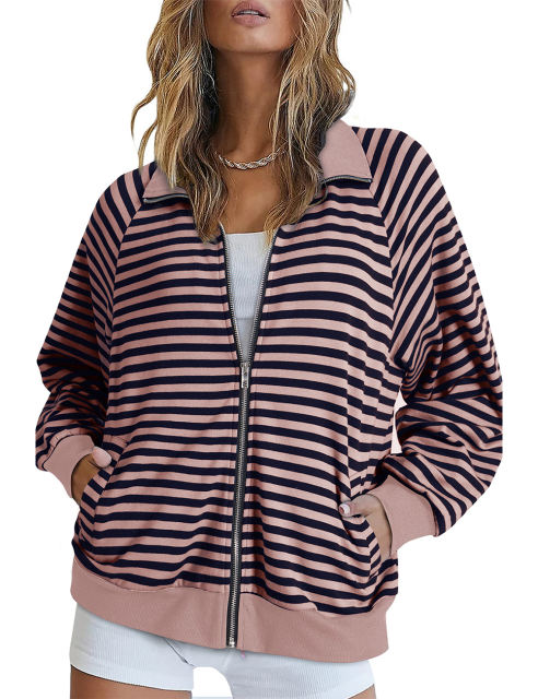 Pink Striped Lapel Collar Full-zip Jacket