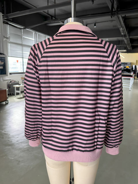 Pink Striped Lapel Collar Full-zip Jacket