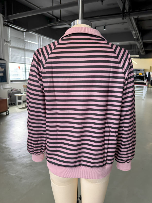 Pink Striped Lapel Collar Full-zip Jacket