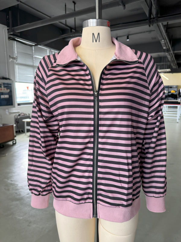 Pink Striped Lapel Collar Full-zip Jacket