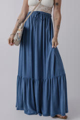 Sail Blue Solid Color Lace up High Waist Tiered Maxi Skirt