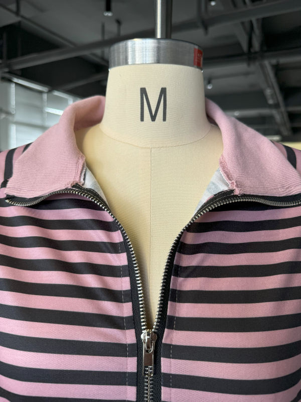 Pink Striped Lapel Collar Full-zip Jacket