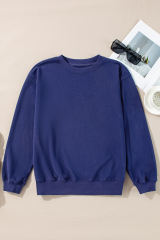 Navy Blue Plain Drop Shoulder Crewneck Pullover Sweatshirt