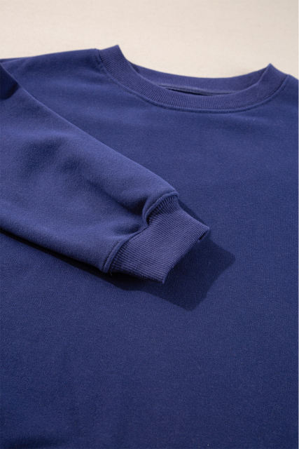 Navy Blue Plain Drop Shoulder Crewneck Pullover Sweatshirt