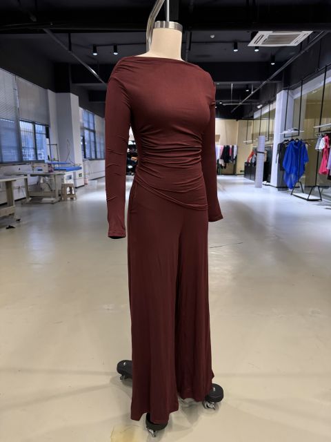 Burgundy Slim Long Sleeve Top and Wide Leg Pants Set