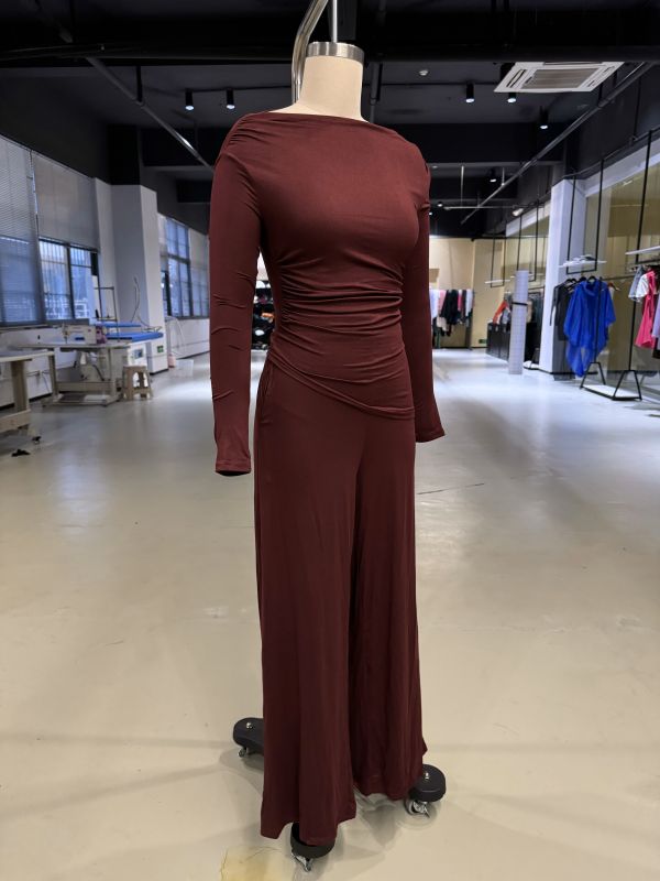 Burgundy Slim Long Sleeve Top and Wide Leg Pants Set