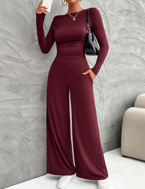 Burgundy Slim Long Sleeve Top and Wide Leg Pants Set