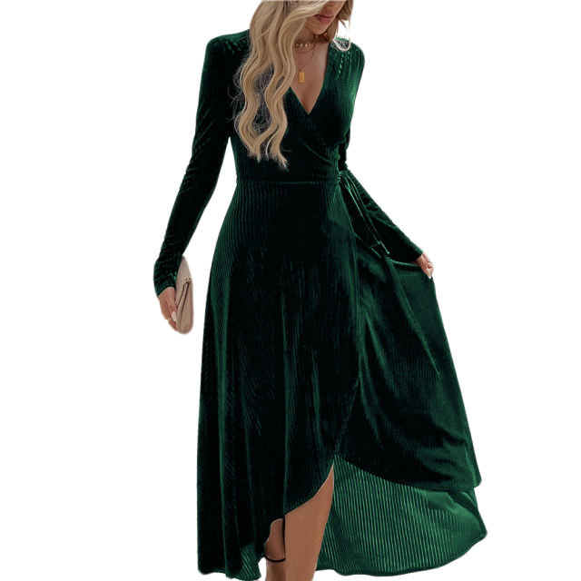 Dark Green V Neck Belted High Waist Split Long Dress