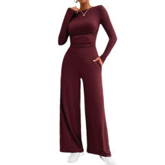 Burgundy Slim Long Sleeve Top and Wide Leg Pants Set