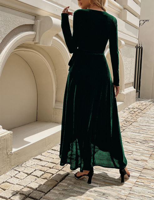 Dark Green V Neck Belted High Waist Split Long Dress