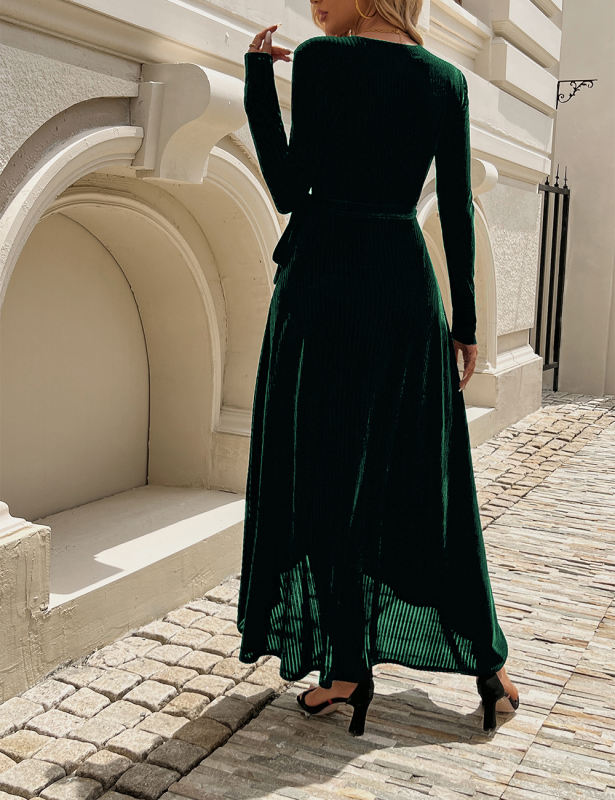 Dark Green V Neck Belted High Waist Split Long Dress