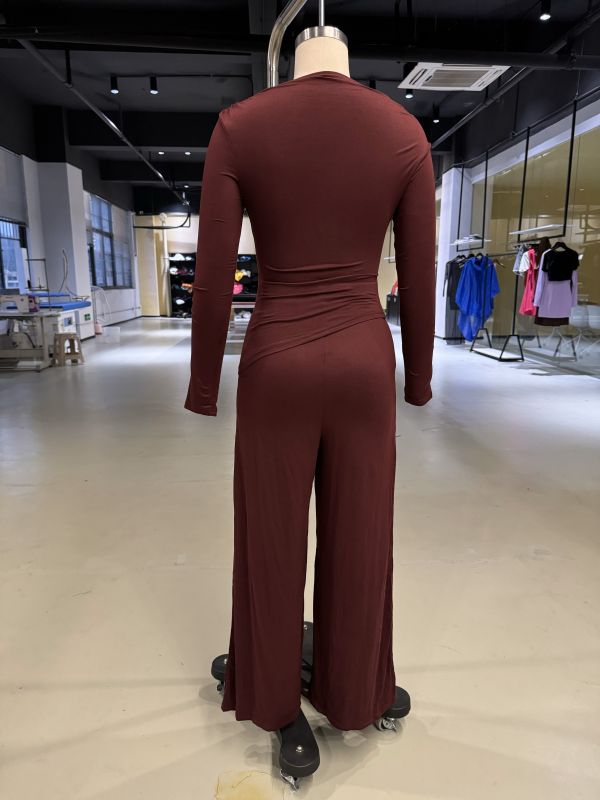 Burgundy Slim Long Sleeve Top and Wide Leg Pants Set