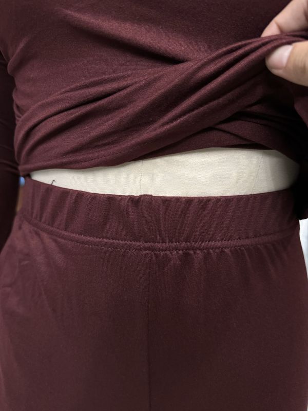 Burgundy Slim Long Sleeve Top and Wide Leg Pants Set