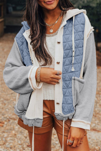 Light Blue Quilted Textured Patchwork Loose Fit Hooded Jacket