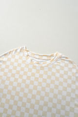 Beige Checkered Print Long Sleeve Top and Pants Lounge Set