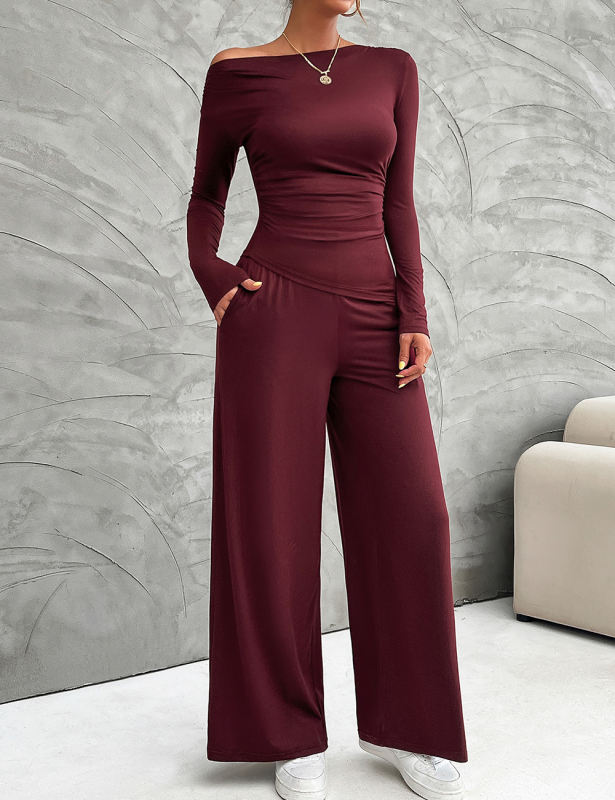 Burgundy Slim Long Sleeve Top and Wide Leg Pants Set