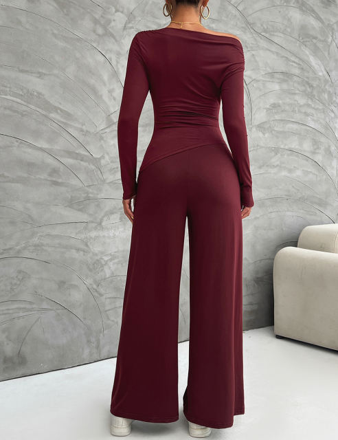 Burgundy Slim Long Sleeve Top and Wide Leg Pants Set