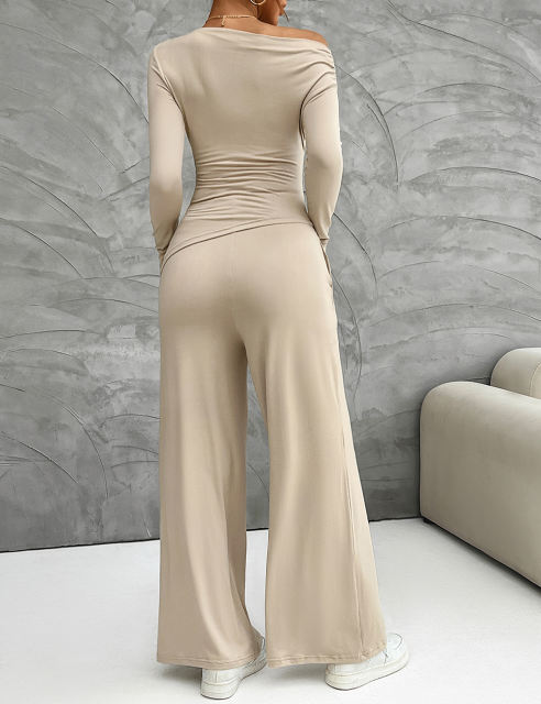 Khaki Slim Long Sleeve Top and Wide Leg Pants Set